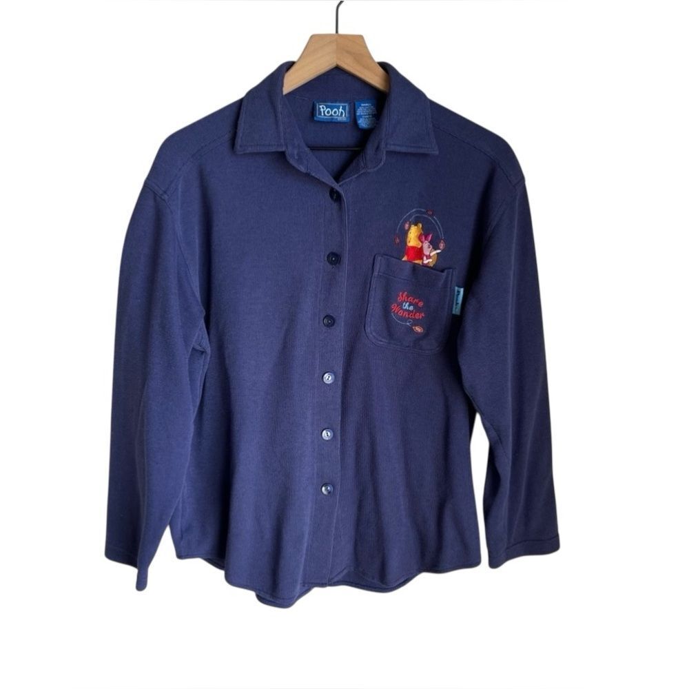 Disney Winnie the Pooh Ribbed Embroidered Button Up Top Navy Blue Size Small